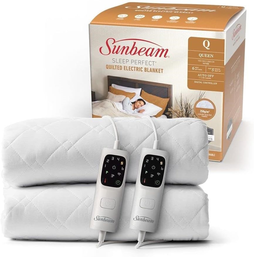 2 x SUNBEAM Sleep Perfect Quilted Electric Blanket Queen, Fully Fitted Quil