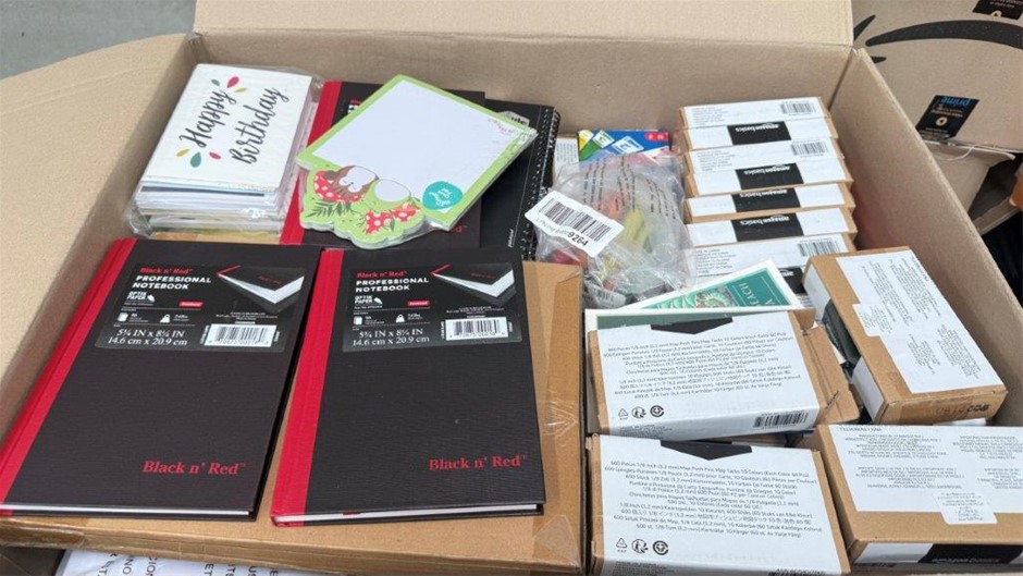 Assorted Box of Office Supplies incl: Pins, Notebooks and more. NB: Items m