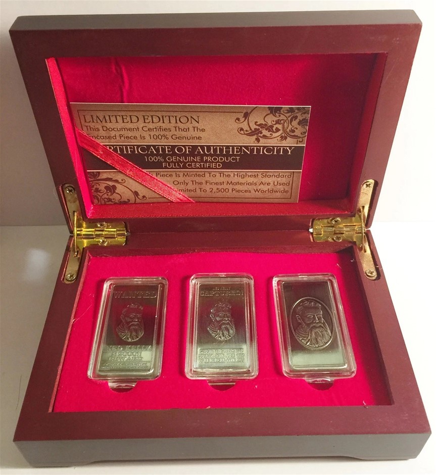 NED KELLY" Set Of 3 x 10 Gram Ingots With Wood Display Box Heavy Silver