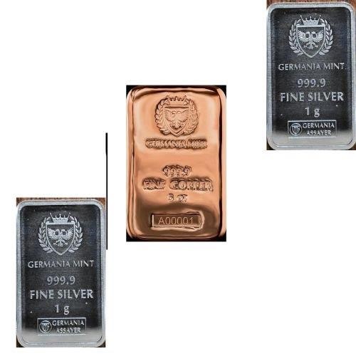 5 ounce germania mint copper bar & 1 gram germania silver bar 2