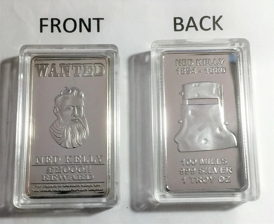 Ned Kelly "WANTED" 1 Troy OZ Ingot Finished in 999 Fine Silver, Gift Outlaw