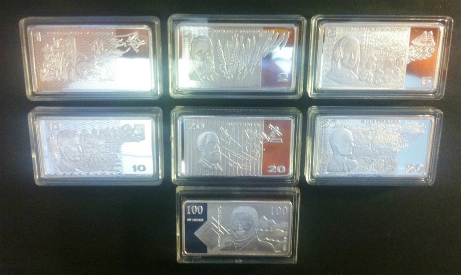 7 x 1 Troy OZ "OLD AUSTRALIAN NOTE SERIES" Ingots Finished 999 Fine Silver