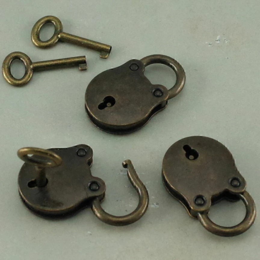 3 X Old Vintage Antique Bronze Mini Padlocks With Keys
