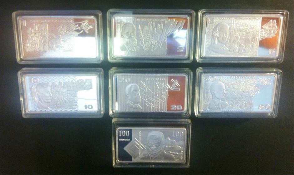 Set of 7 Old Australian Note Series 1oz Silver Ingots
