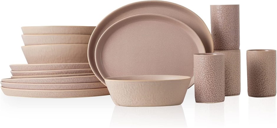 KATACHI Stoneware 16-Piece Dinnerware Set, Nude.
