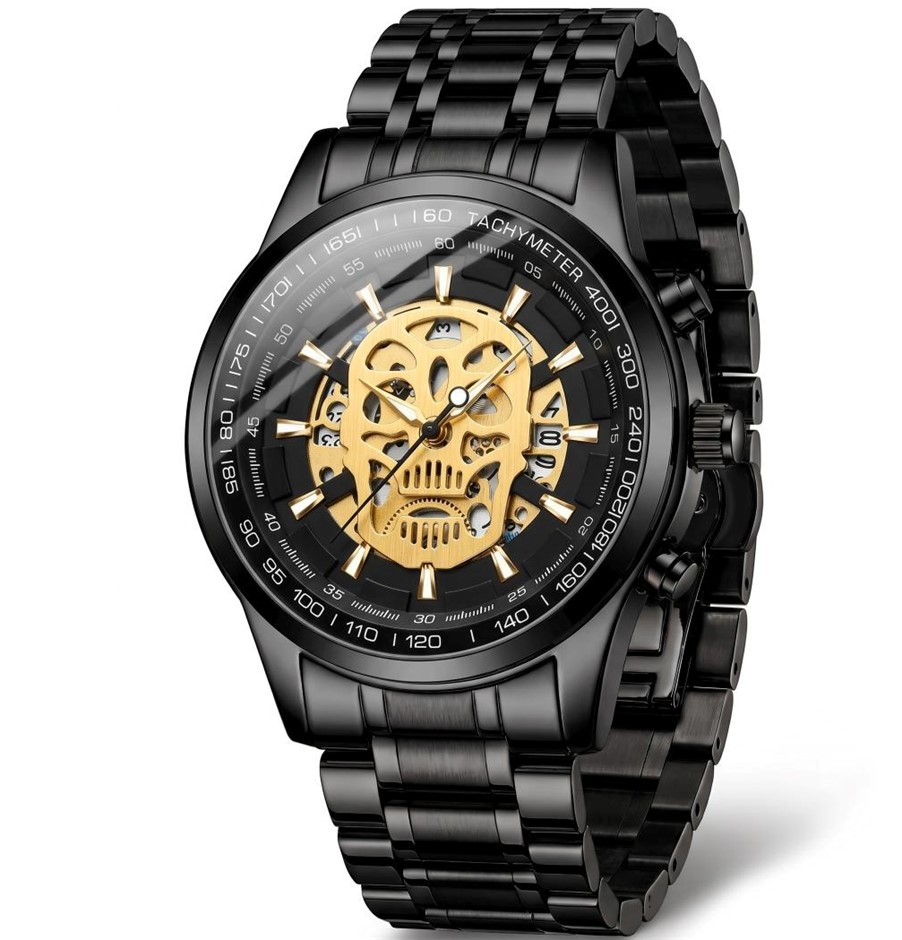 Jewelz Merchants Men’s Black & Gold Skull Skeleton-Style Watch