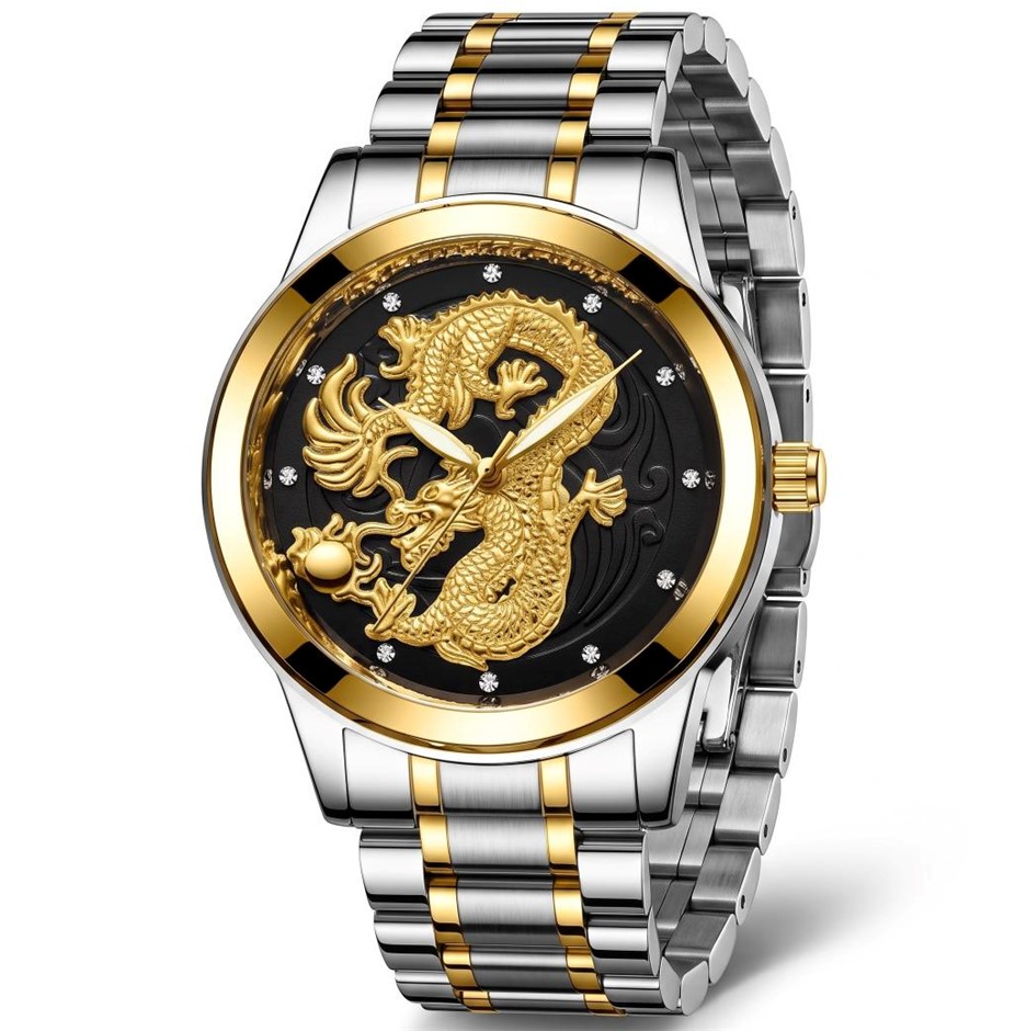 Jewelz Merchants Men’s Two-Tone Gold Dragon Black Dial Watch