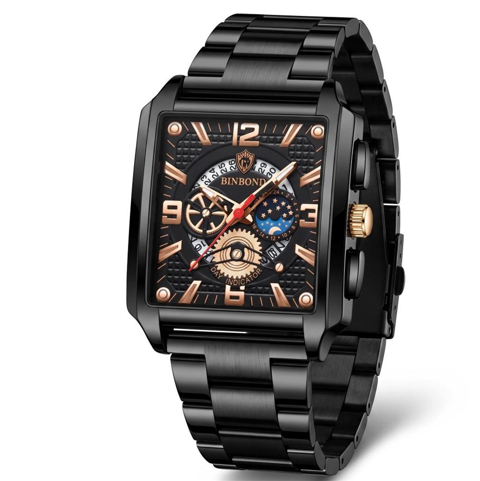 Jewelz Merchants Men’s Luxury Black & Rose Gold Square Waterproof Watch