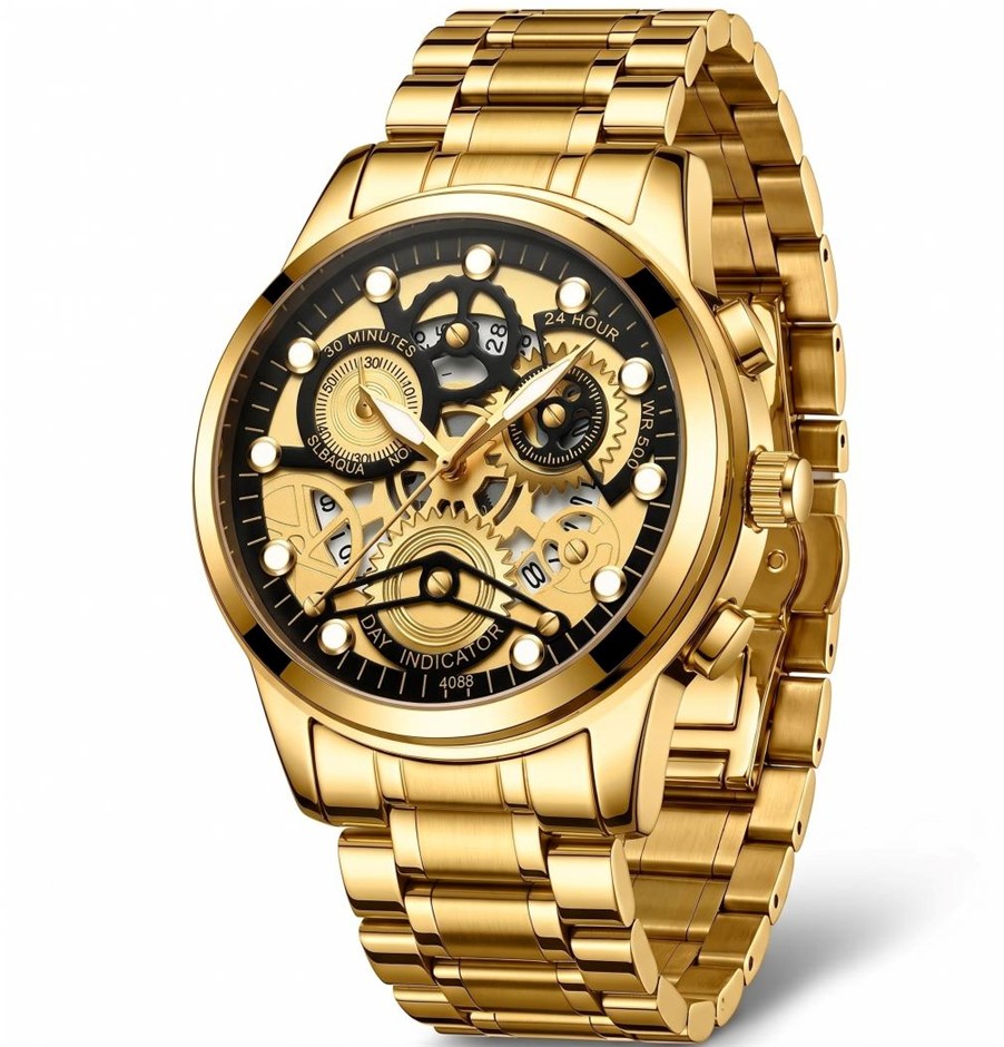 Jewelz Merchants Men’s Luxury Gold & Black Skeleton- Waterproof Watch
