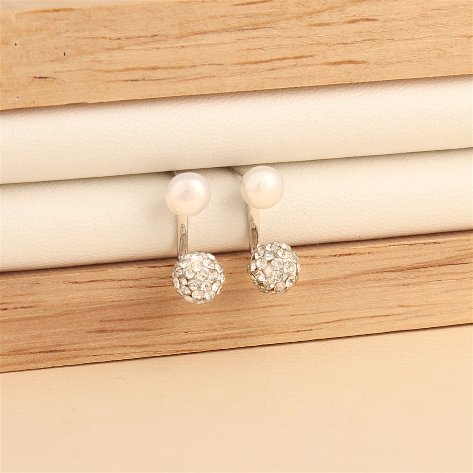 Elegant Fresh Water Pearl & Zirconia Cluster 925 Sterling Silver Earrings