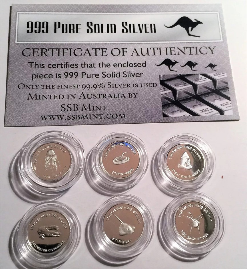 Set of 6 Danger Series 1 Gram 999.0 Pure Silver Coins (6 Grams Approx) C.O.
