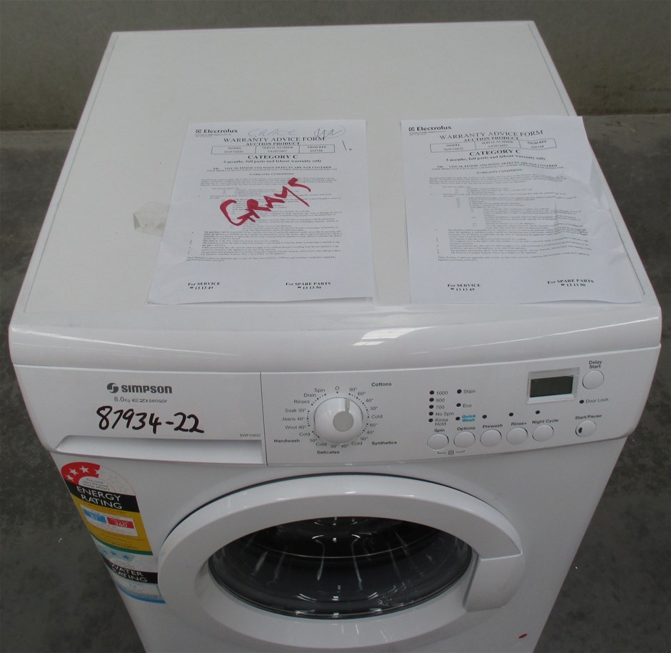 Simpson 8kg Front Load Washing Machine Model SWF10832 Auction