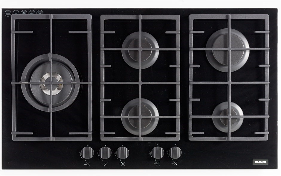 Blanco 90cm 5 Burner Gas Cooktop with Wok Burner (Black Glass