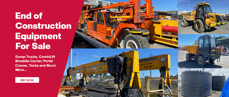 End of Construction Equipment For Sale - Dump Trucks, CombiLift Straddle Carrier, Portal Cranes, Tanks and Much More