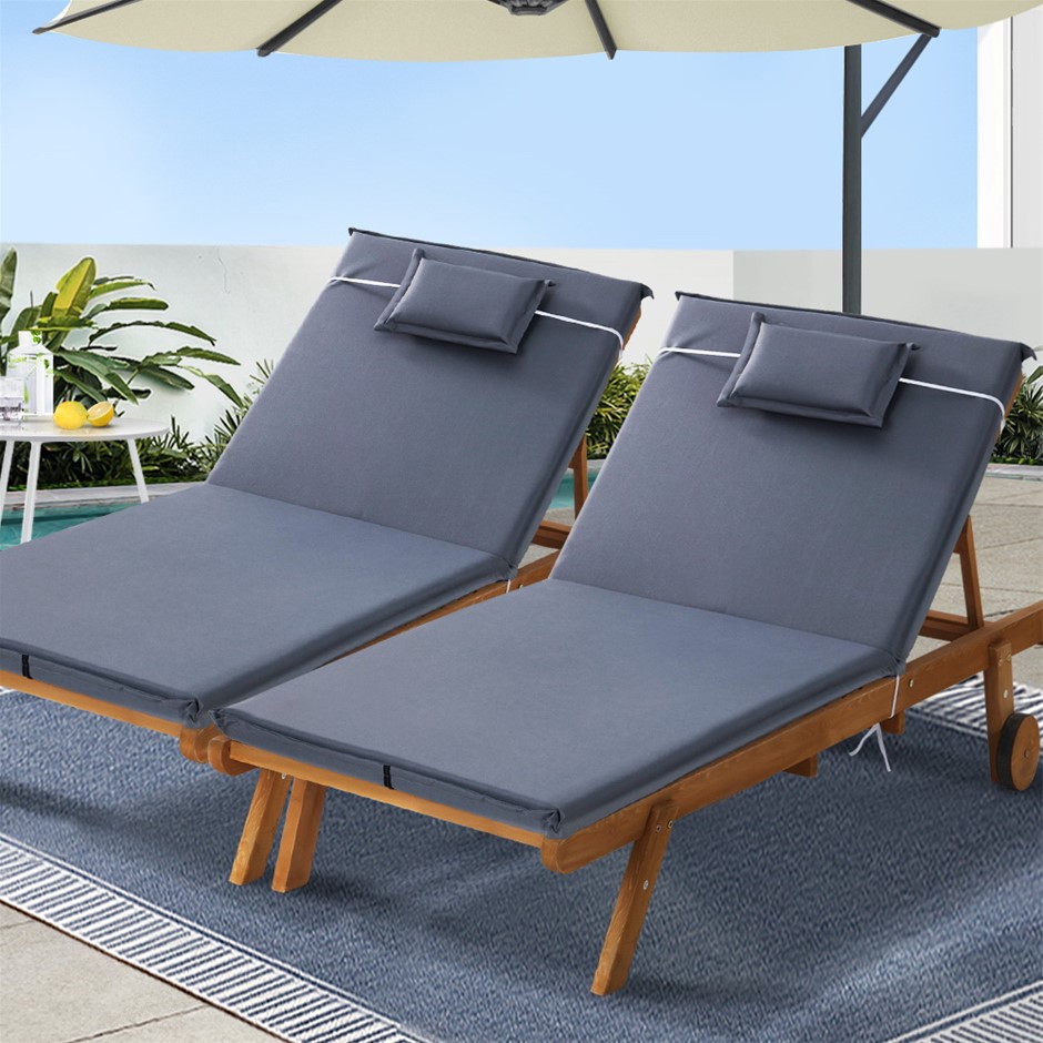 Gardeon 2pc Sun Lounge Wooden Outdoor Furniture Day Bed Wheel Patio Grey