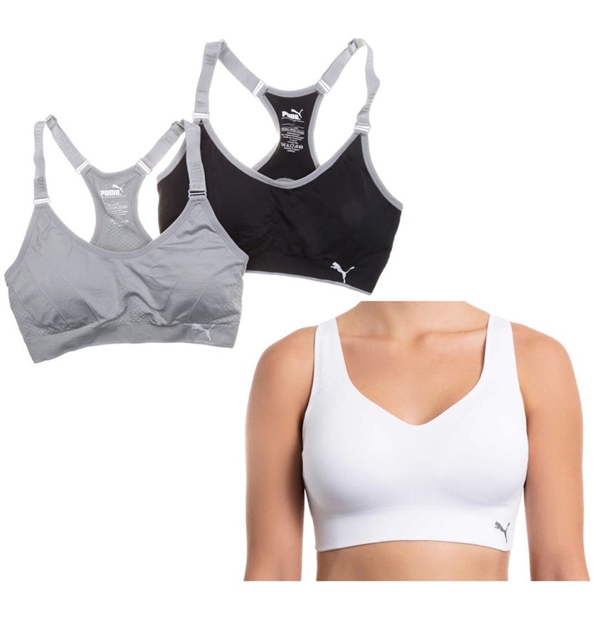 3 x PUMA Women's Sport Bras, Size L, Grey/Black/White. Buyers Note